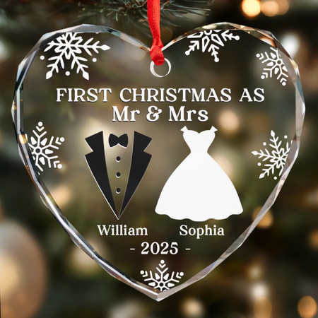 Custom Heart Glass Ornament - Personalized Anniversary Christmas Wedding Gifts For Husband And Wife, Him And Her - Our First Christmas As Husband And Wife